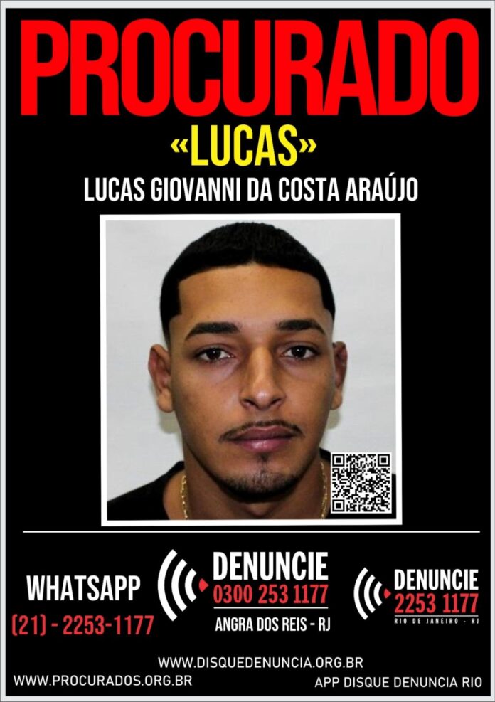 Cartaz do Disque Denúncia com foto de Lucas Giovanni da Costa Araújo, procurado por homicídio em Angra dos Reis